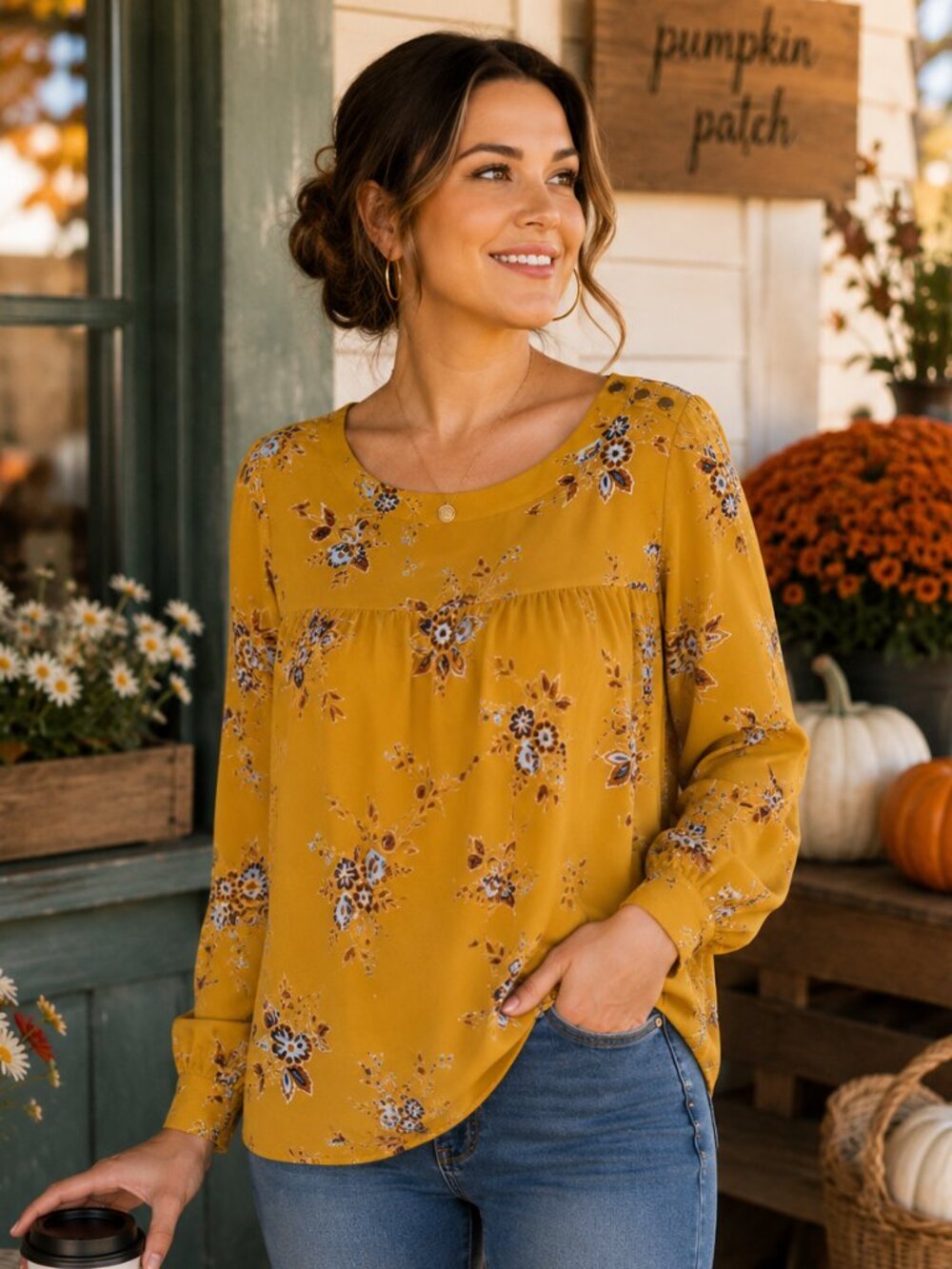 LOFT Mustard Floral Blouse L Boho Cottagecore Romantic Long Sleeve Peasant Top - Picture 2 of 11